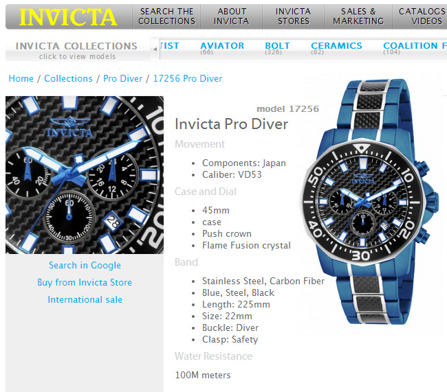 Invicta Blue Steel Pro Diver Watch Model 17256