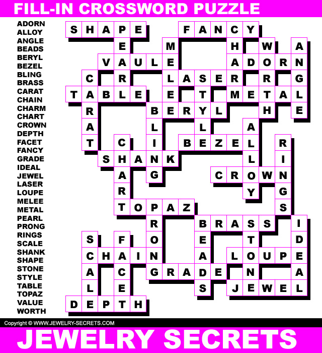 Jewelry Fill-In Crossword Puzzle Answers