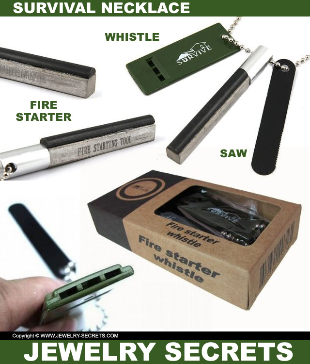 Survival Necklace Fire Starter Whistle Saw