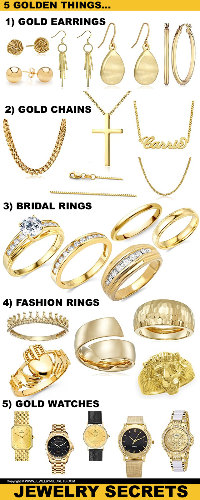 5 golden things rings chains earrings watches