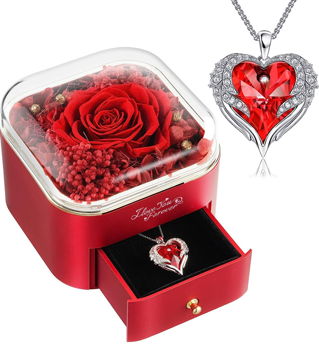 preserved red rose with red heart Valentines Day necklace